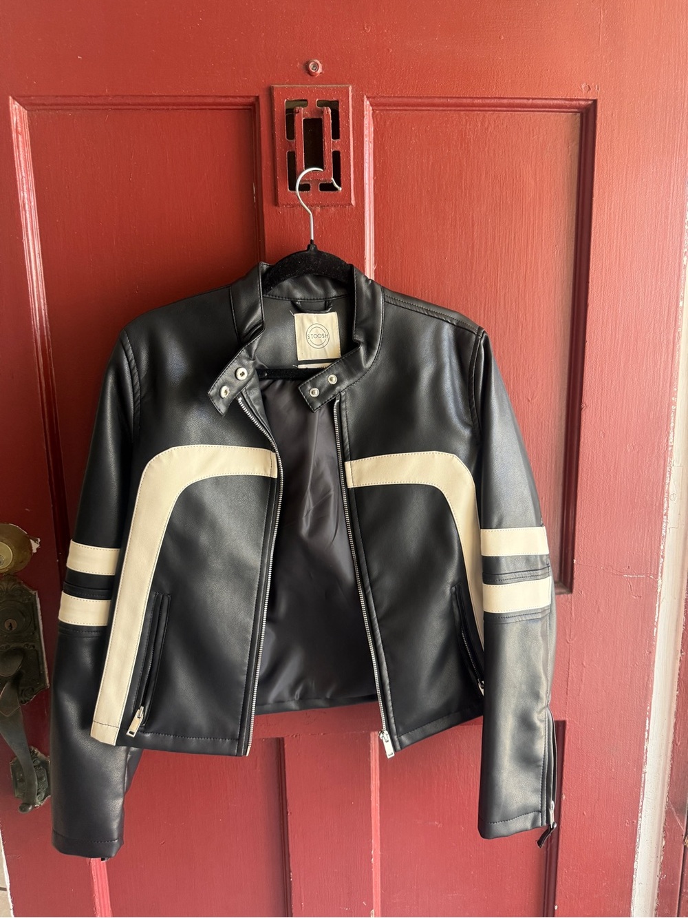 Stoosh Black Faux Leather Moto Jacket with Cream Contrast Panels